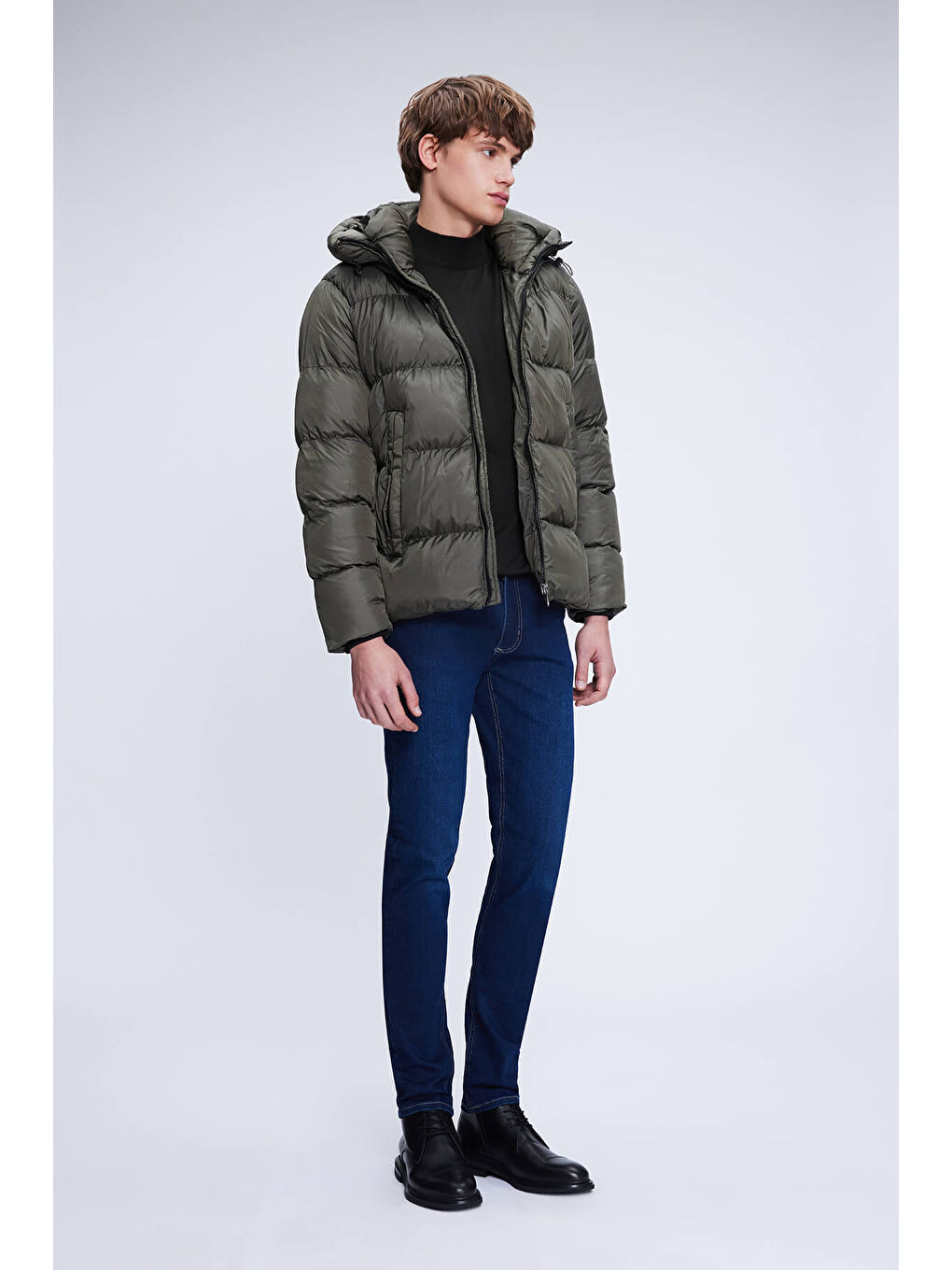 Haki Dinamik Fit Hakim Yaka Kapüşonlu Şişme Mont-1