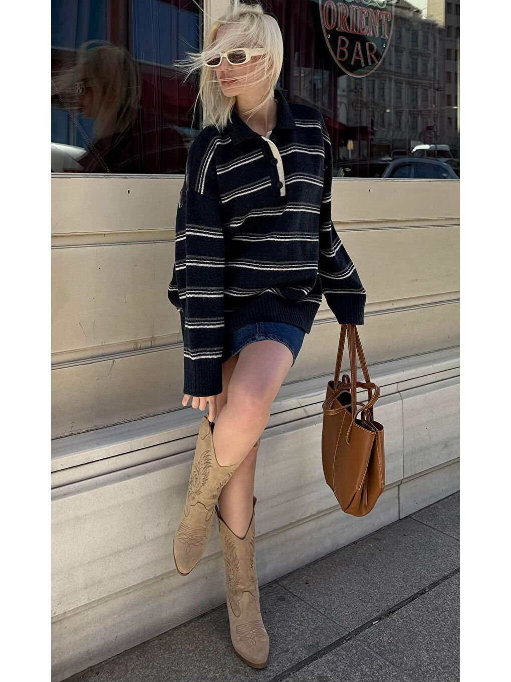 Lacivert Çizgili Düğmeli Polo Yaka Kazak Mg2357-1