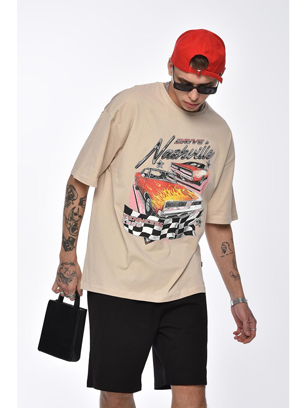 Bej Taş Baskılı Overize Tişört-4