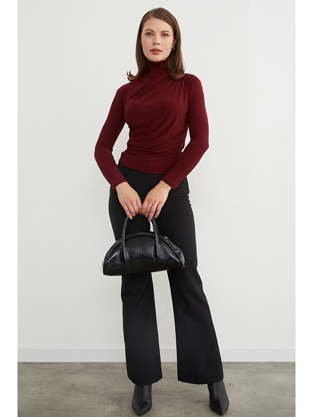 Bordo Drapeli Balıkçı Yaka Bluz-2