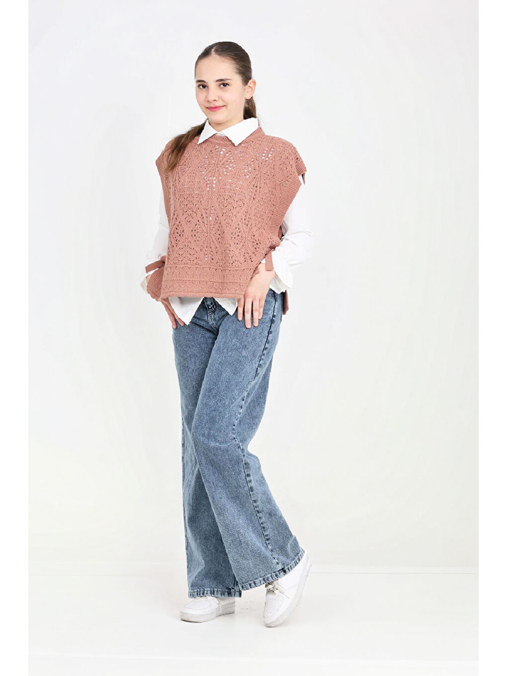Pembe Kız Çocuk 3'lü Jean Takım (Pantolon+Gömlek+Triko Yelek) 5-15 Yaş 12545-1