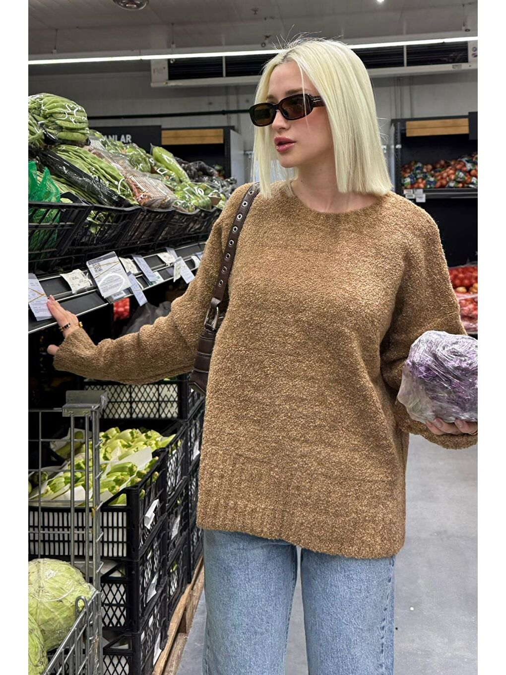 Kahverengi Camel Bisiklet Yaka Kadın Buklet Kazak Mg2480-2