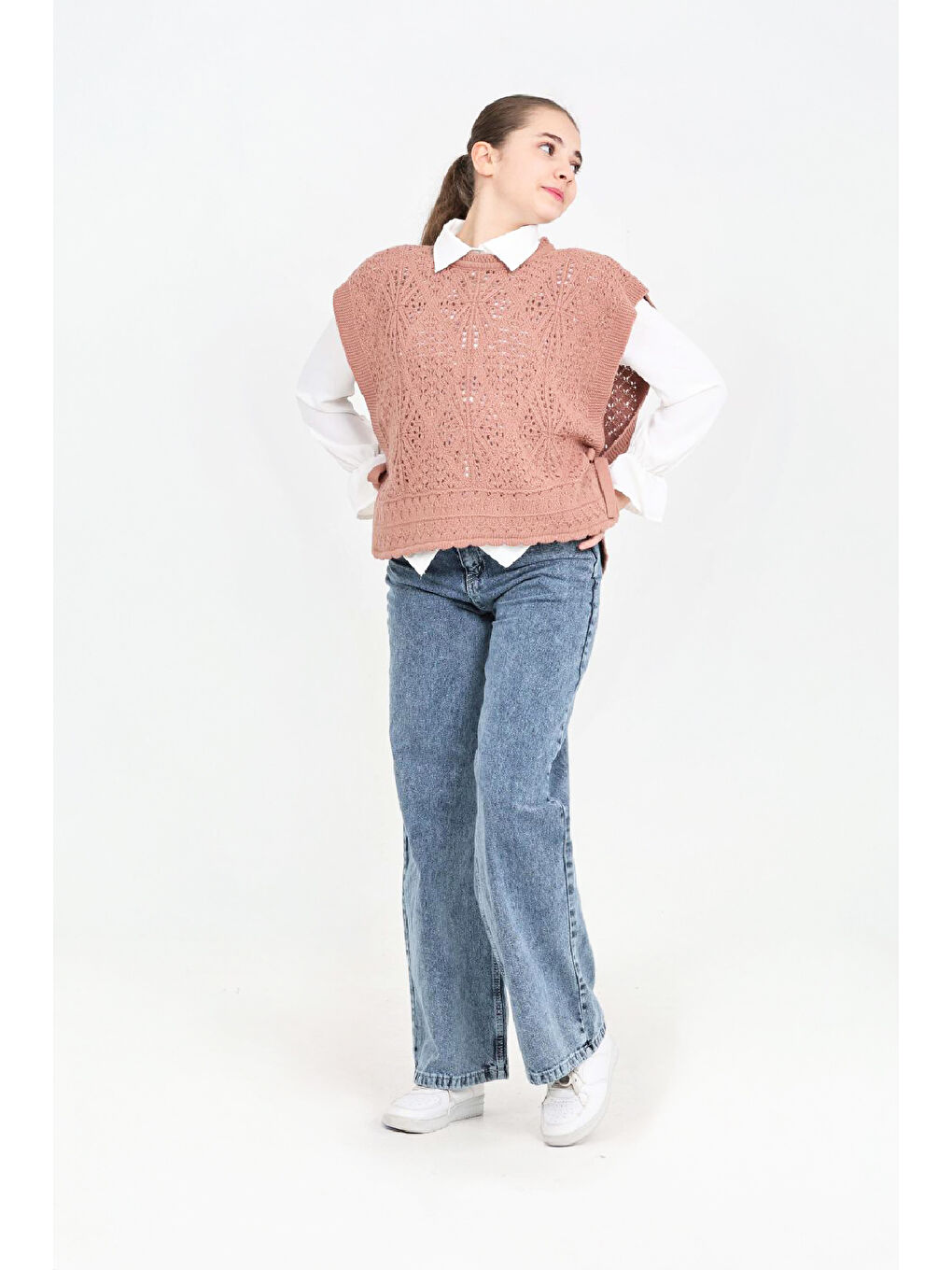 Pembe Kız Çocuk 3'lü Jean Takım (Pantolon+Gömlek+Triko Yelek) 5-15 Yaş 12545-2