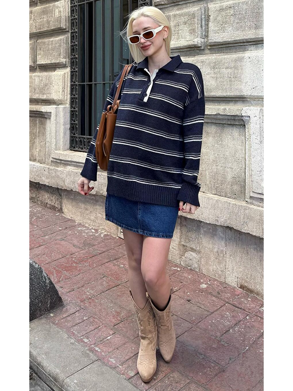 Lacivert Çizgili Düğmeli Polo Yaka Kazak Mg2357-3