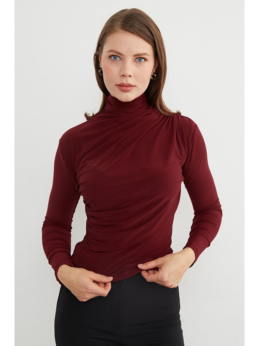 Bordo Drapeli Balıkçı Yaka Bluz-3