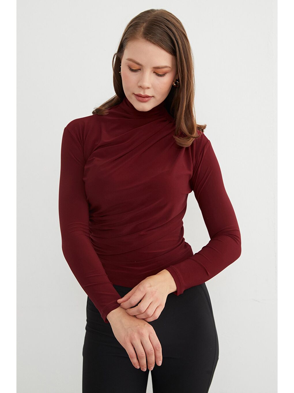 Bordo Drapeli Balıkçı Yaka Bluz-4