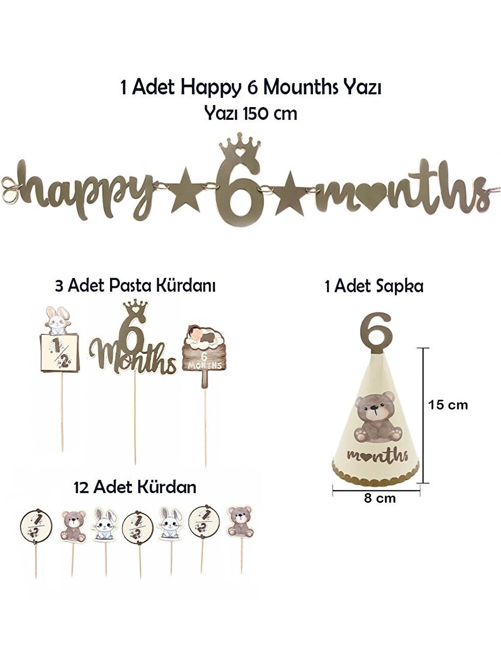 Bej Happy 6 Months Banner 6 Ay Bebek Doğum Günü Parti Seti Haki-1
