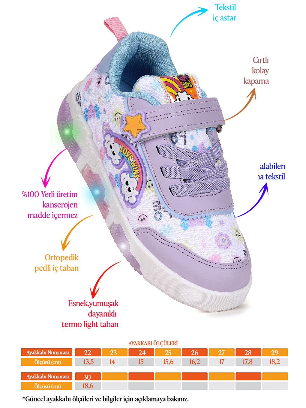 Lila Bulut Cırtlı Işıklı Kız Bebek Günlük Spor Ayakkabı-1
