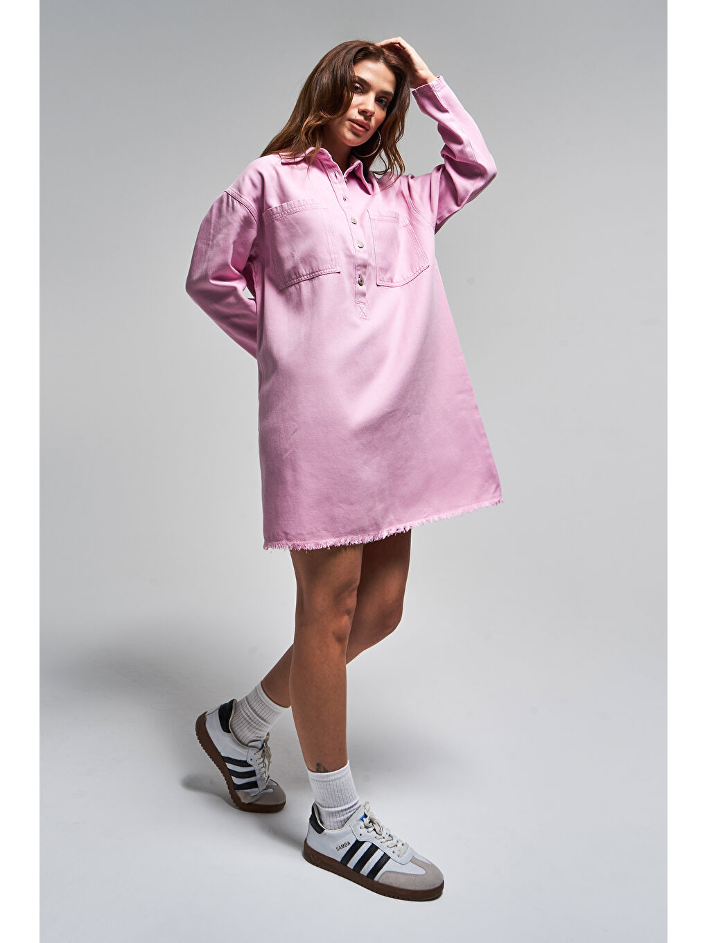 Kadın Pembe Renk 6S5-98 %100 Pamuk Önden Cepli Denim Elbise-2