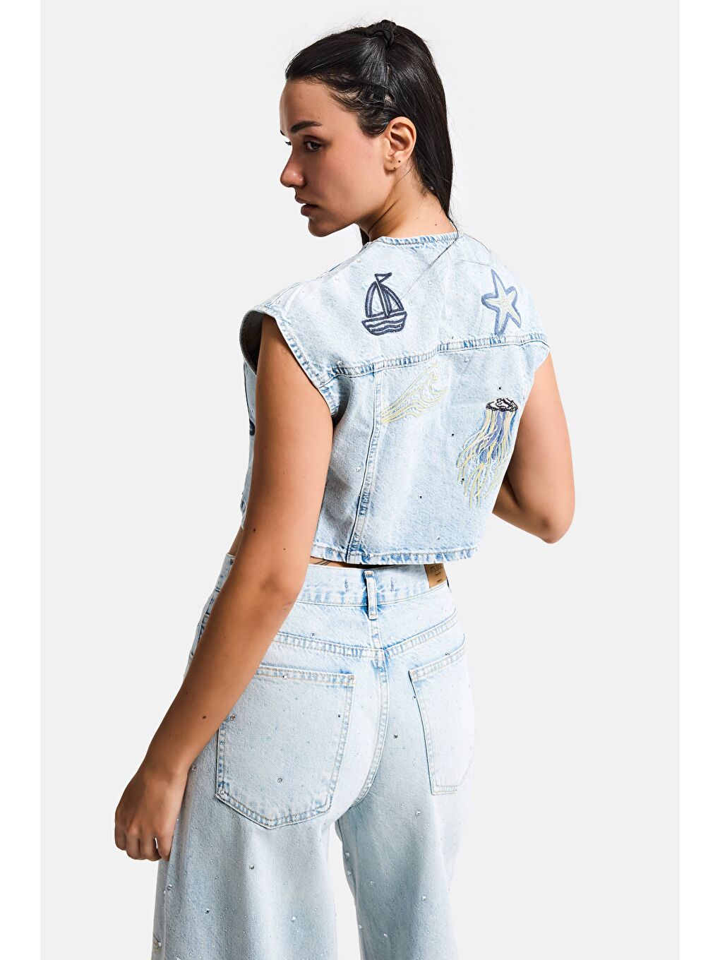 Mavi Kadın Jean Rengi T-12s6-99 Nakış Detaylı Crop Fit Tasarım Denim Yelek-3