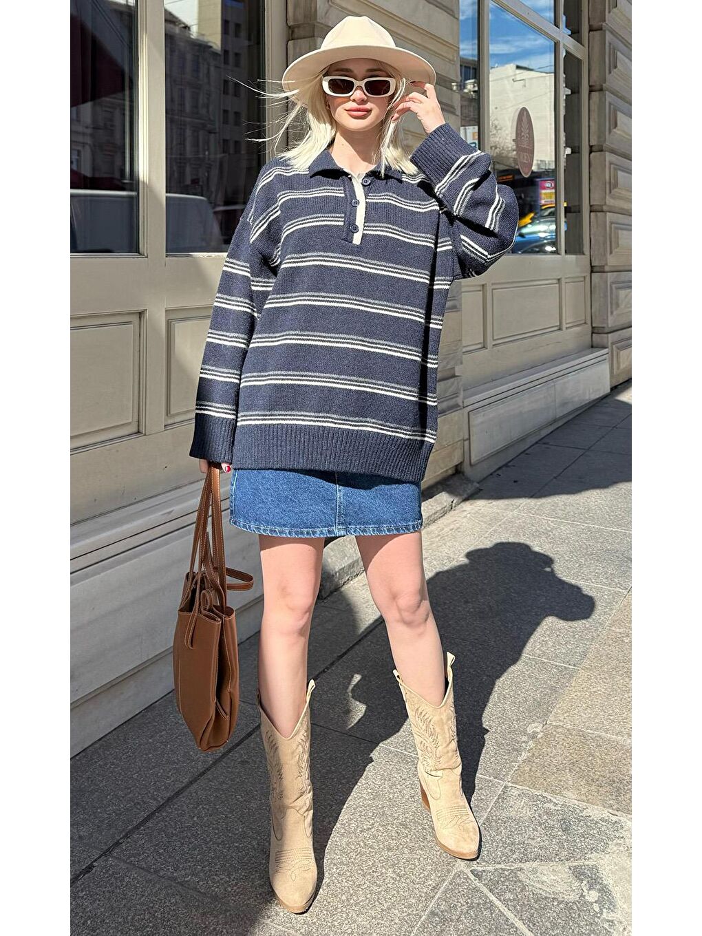 Lacivert Çizgili Düğmeli Polo Yaka Kazak Mg2357-5