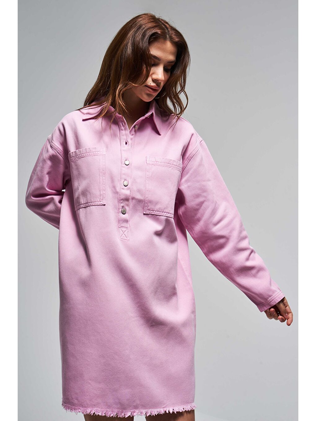 Kadın Pembe Renk 6S5-98 %100 Pamuk Önden Cepli Denim Elbise-1