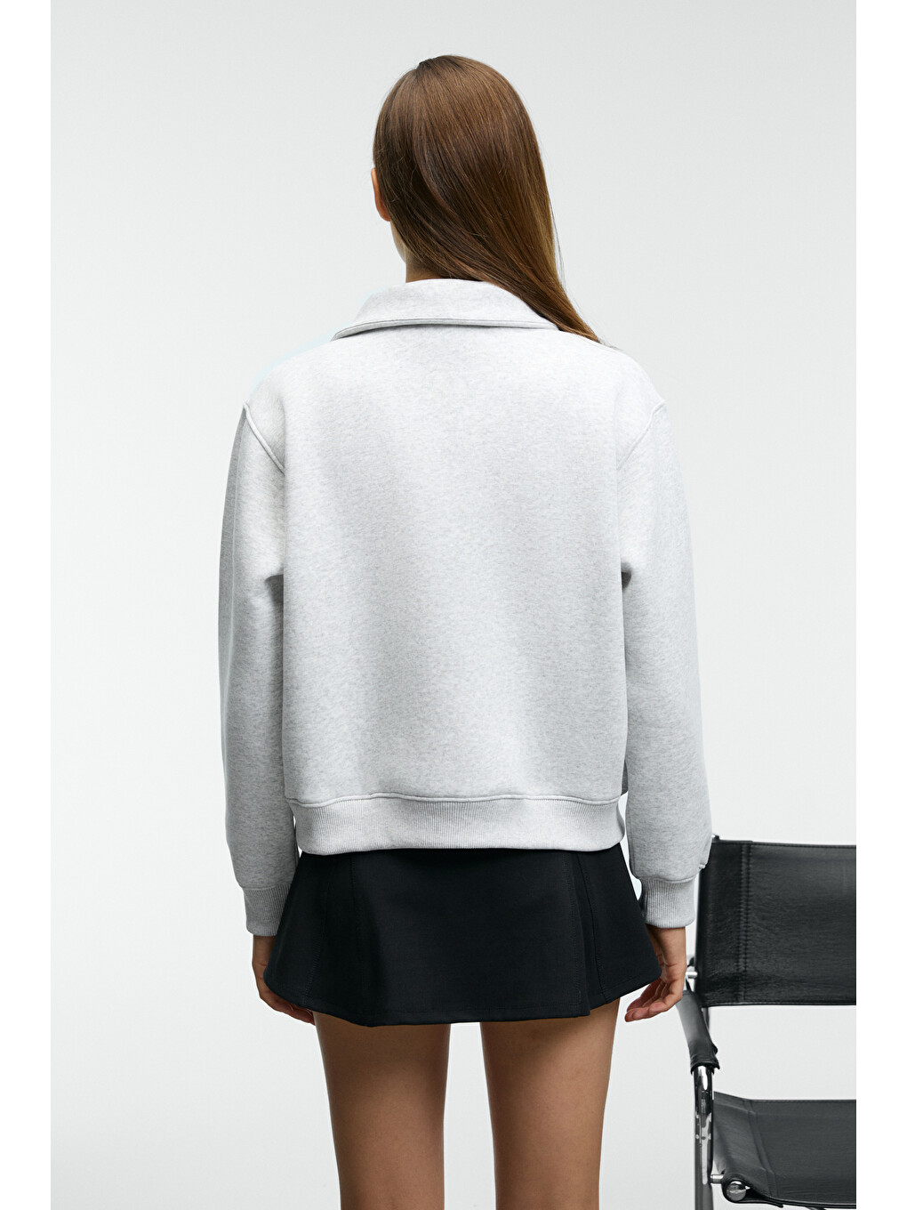 Belle Kadın Nakış Detaylı Yarım Fermuarlı Dik Yakalı Regular Fit Gri Melanj Sweatshirt-5