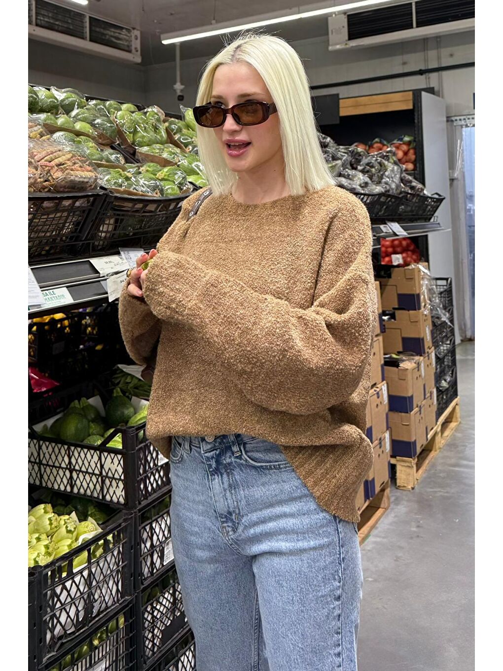 Kahverengi Camel Bisiklet Yaka Kadın Buklet Kazak Mg2480-5