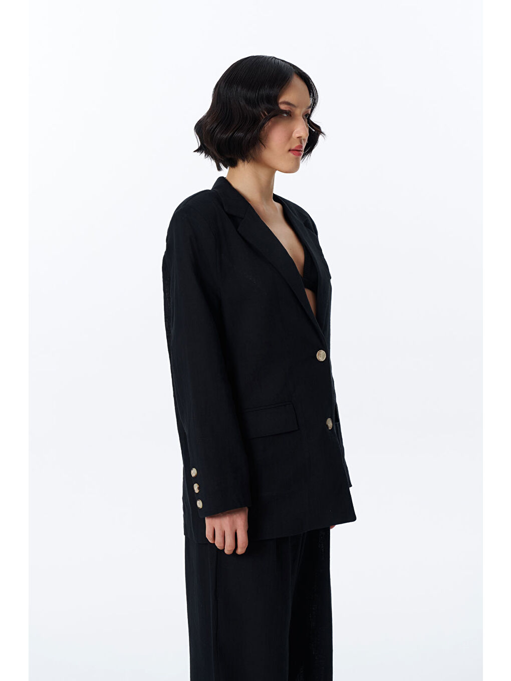Kol Düğme Aksesuarlı İnce Çizgili Blazer Ceket Siyah-2