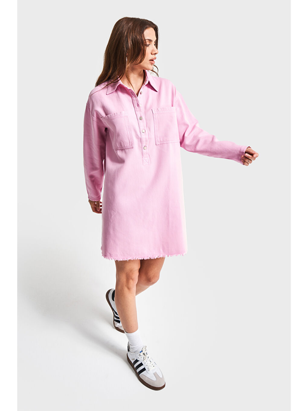 Kadın Pembe Renk 6S5-98 %100 Pamuk Önden Cepli Denim Elbise