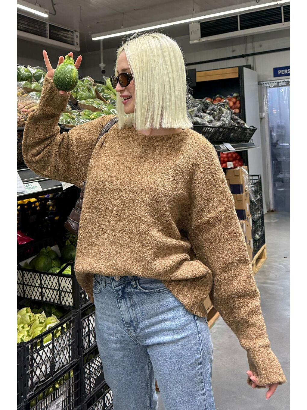 Kahverengi Camel Bisiklet Yaka Kadın Buklet Kazak Mg2480-6