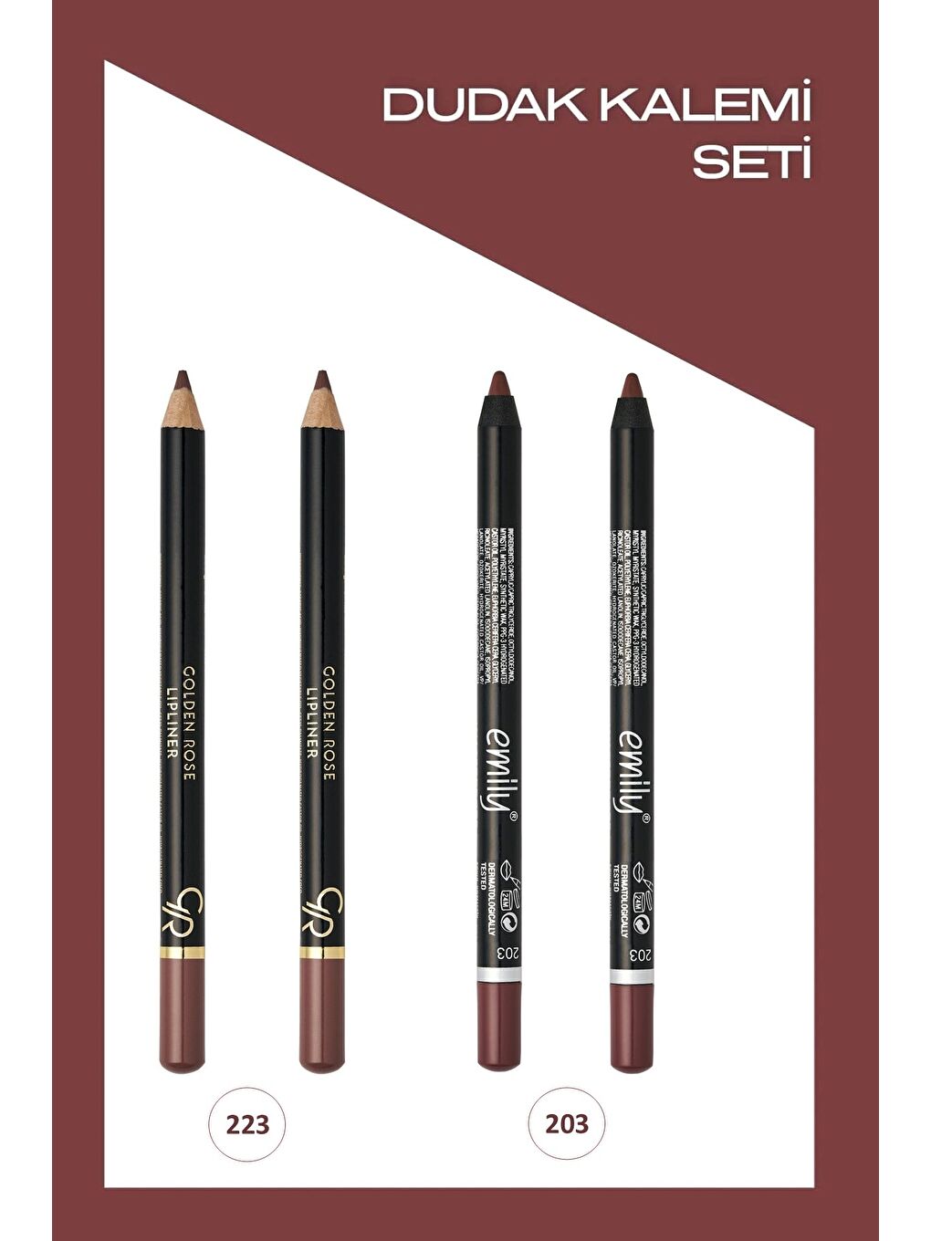 Emily Long Lasting No:203 x2 ve Lipliner No:223 x2 Dudak Kalemi Seti