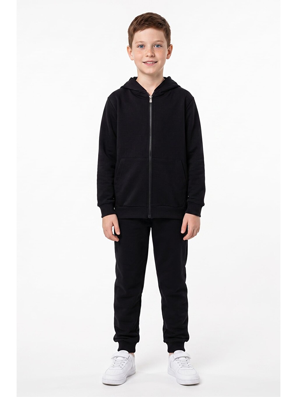 Siyah Kapüşonlu Fermuarlı Unisex Çocuk Eşofman Takımı-1