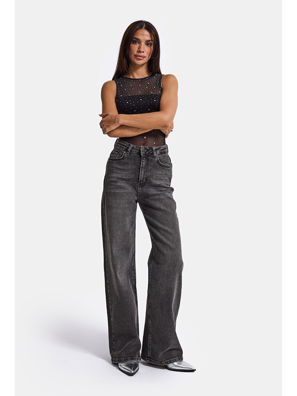 Gri Kadın Füme 4w6-14 Wide Leg Fit Esnek Kumaş Denim Jean