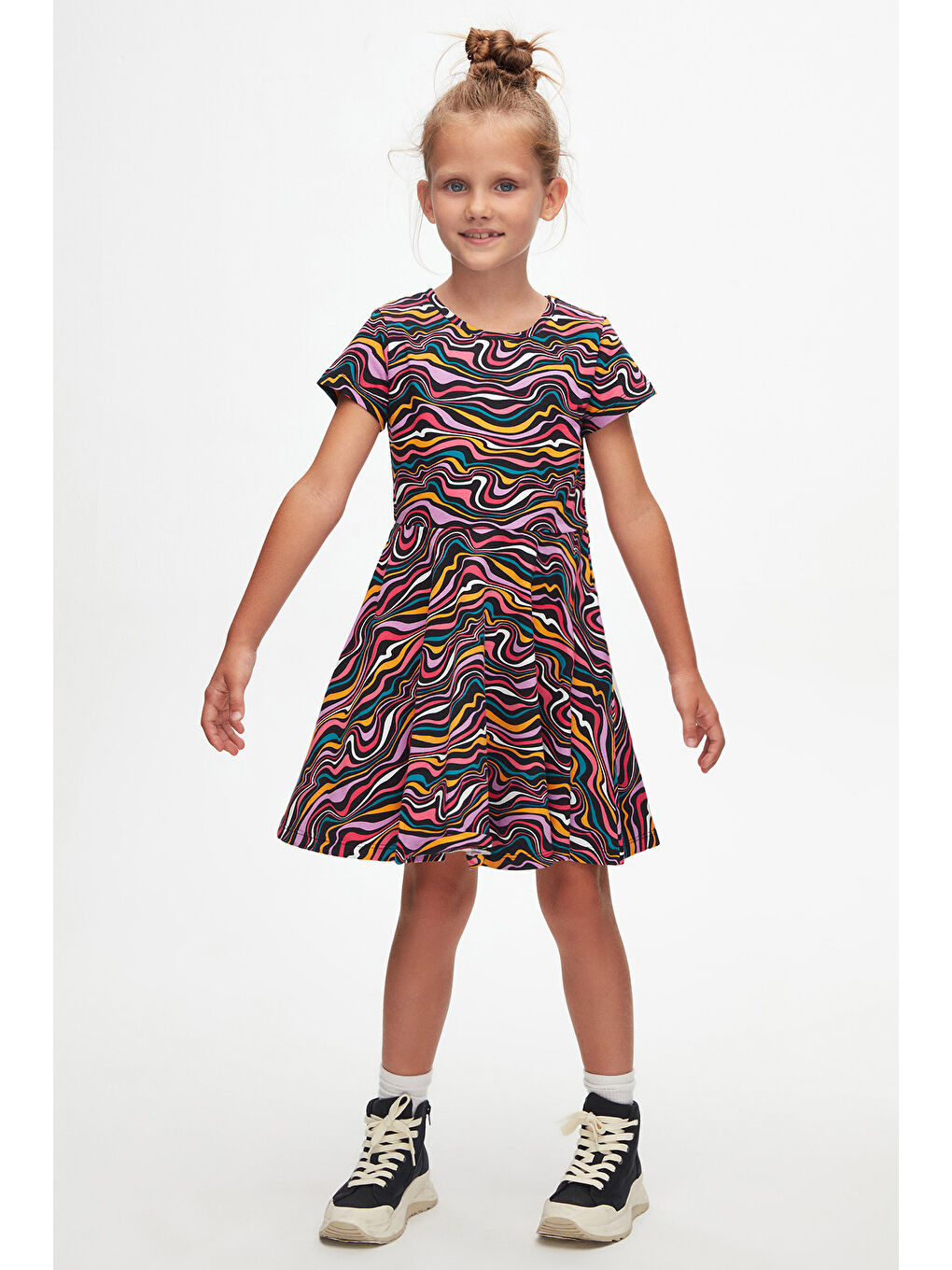 Karışık Colorful Waves Kız Çocuk Desenli Kısa Kollu Elbise
