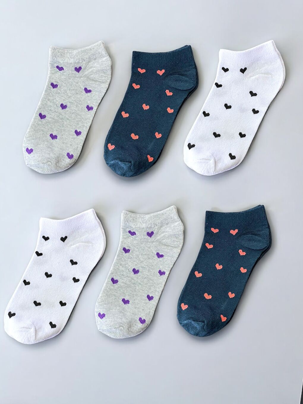 Gri 6'lı Kadın Karışık Kalpli Desenli Pamuklu Rahat Patik Çorap