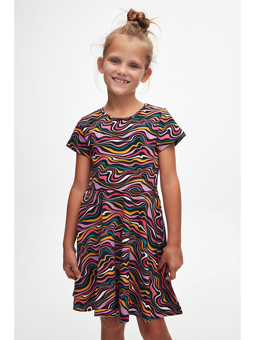 Karışık Colorful Waves Kız Çocuk Desenli Kısa Kollu Elbise-1