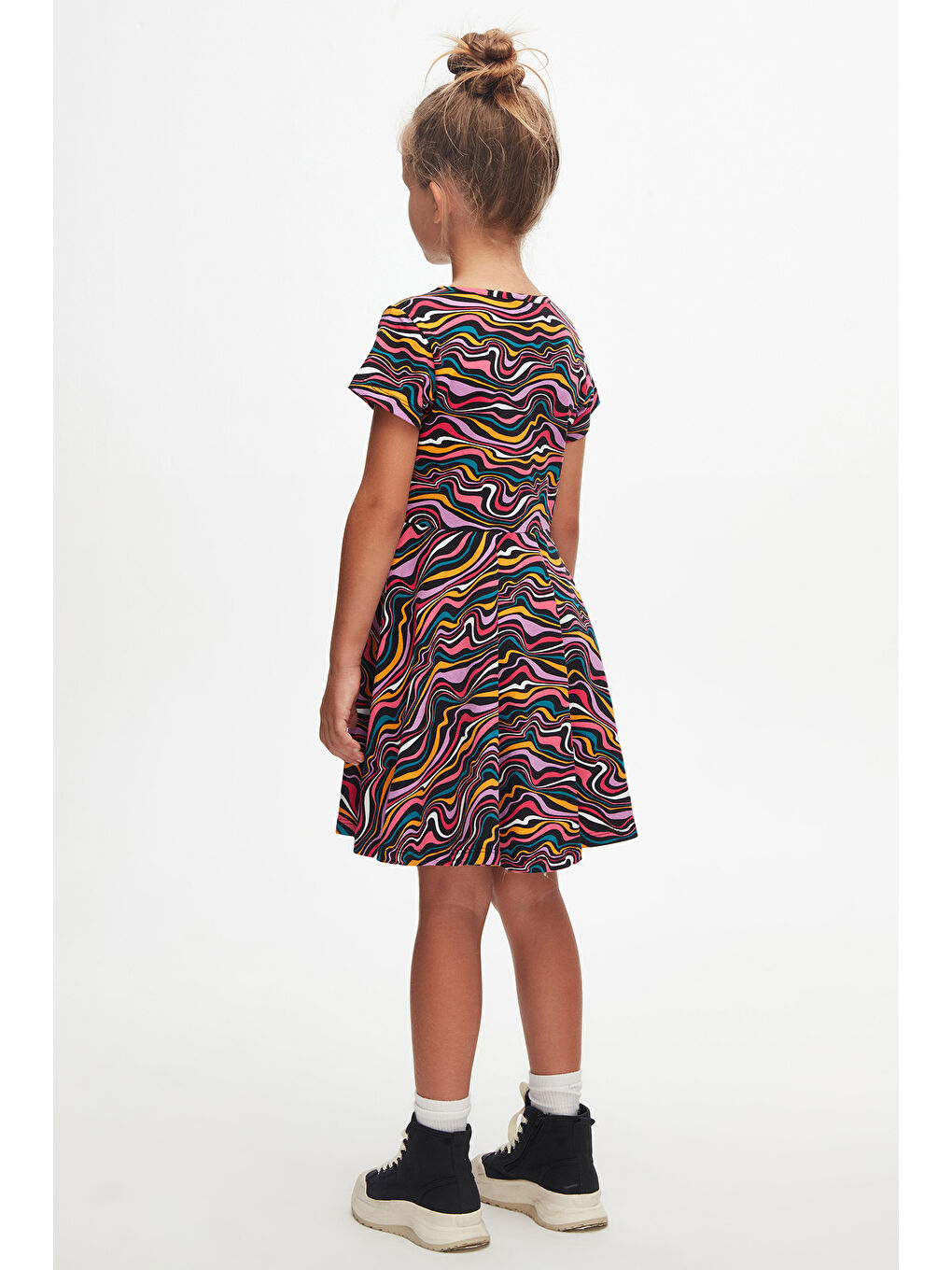 Karışık Colorful Waves Kız Çocuk Desenli Kısa Kollu Elbise-3