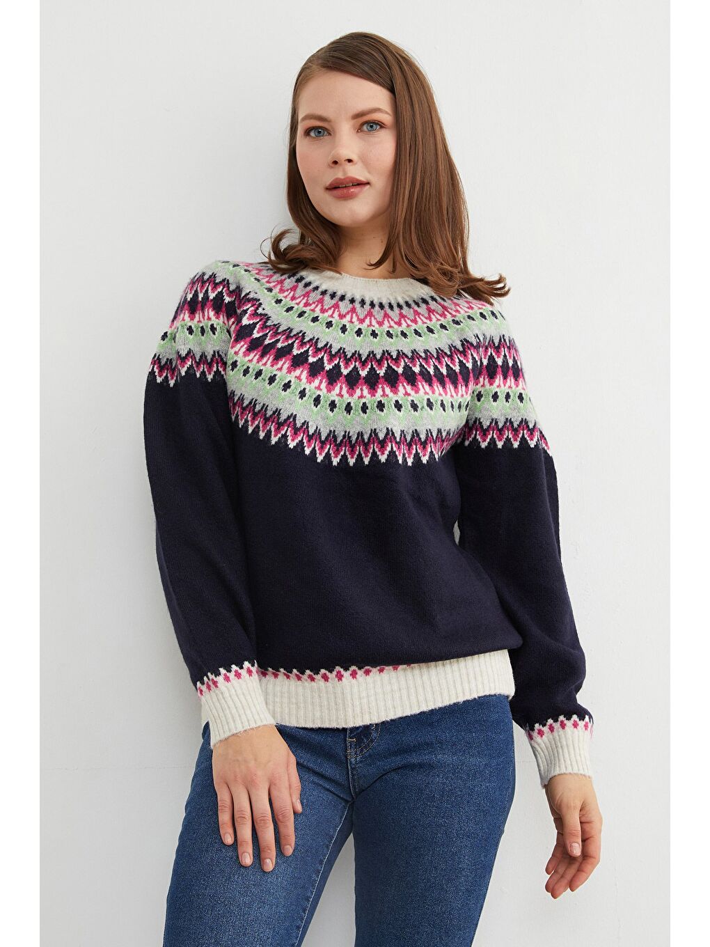 Lacivert Desenli Bisiklet Yaka Triko Kazak-2