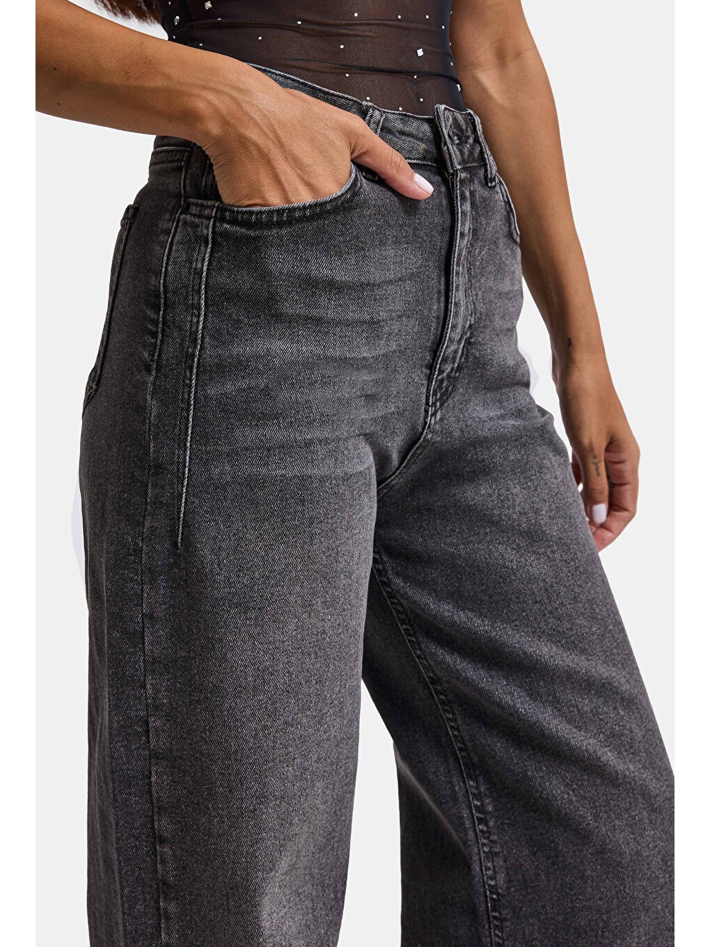 Gri Kadın Füme 4w6-14 Wide Leg Fit Esnek Kumaş Denim Jean-3