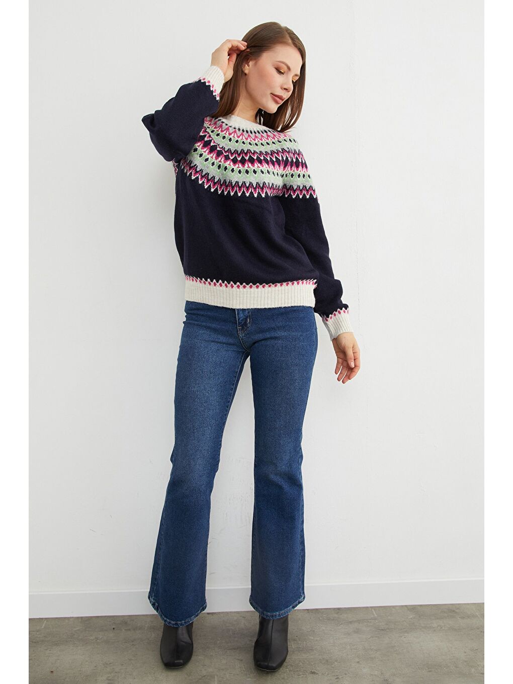 Lacivert Desenli Bisiklet Yaka Triko Kazak-3