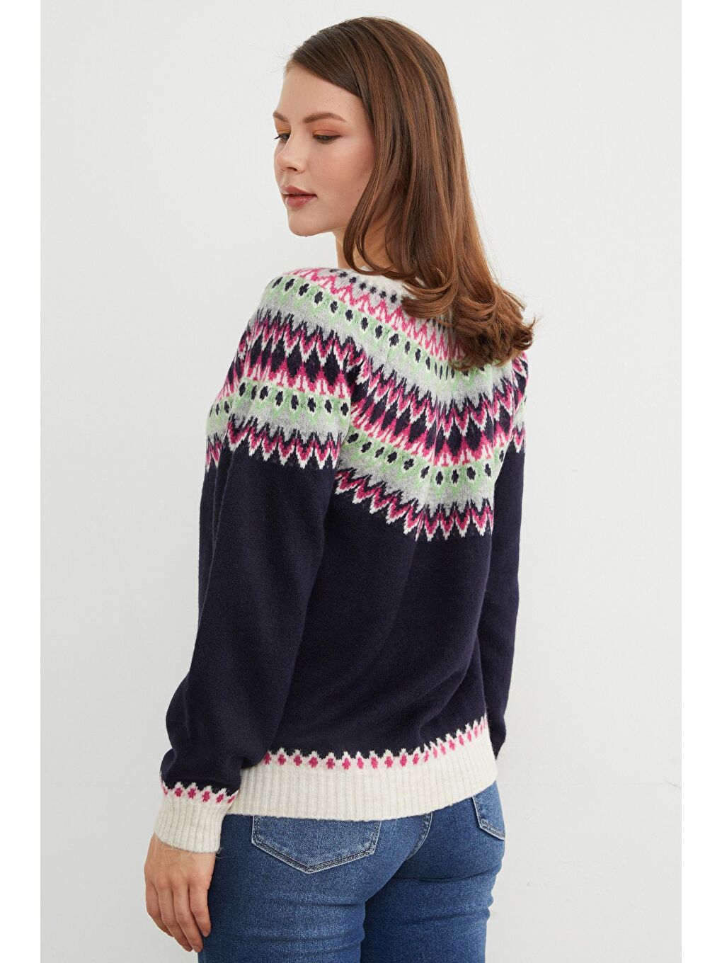 Lacivert Desenli Bisiklet Yaka Triko Kazak-4