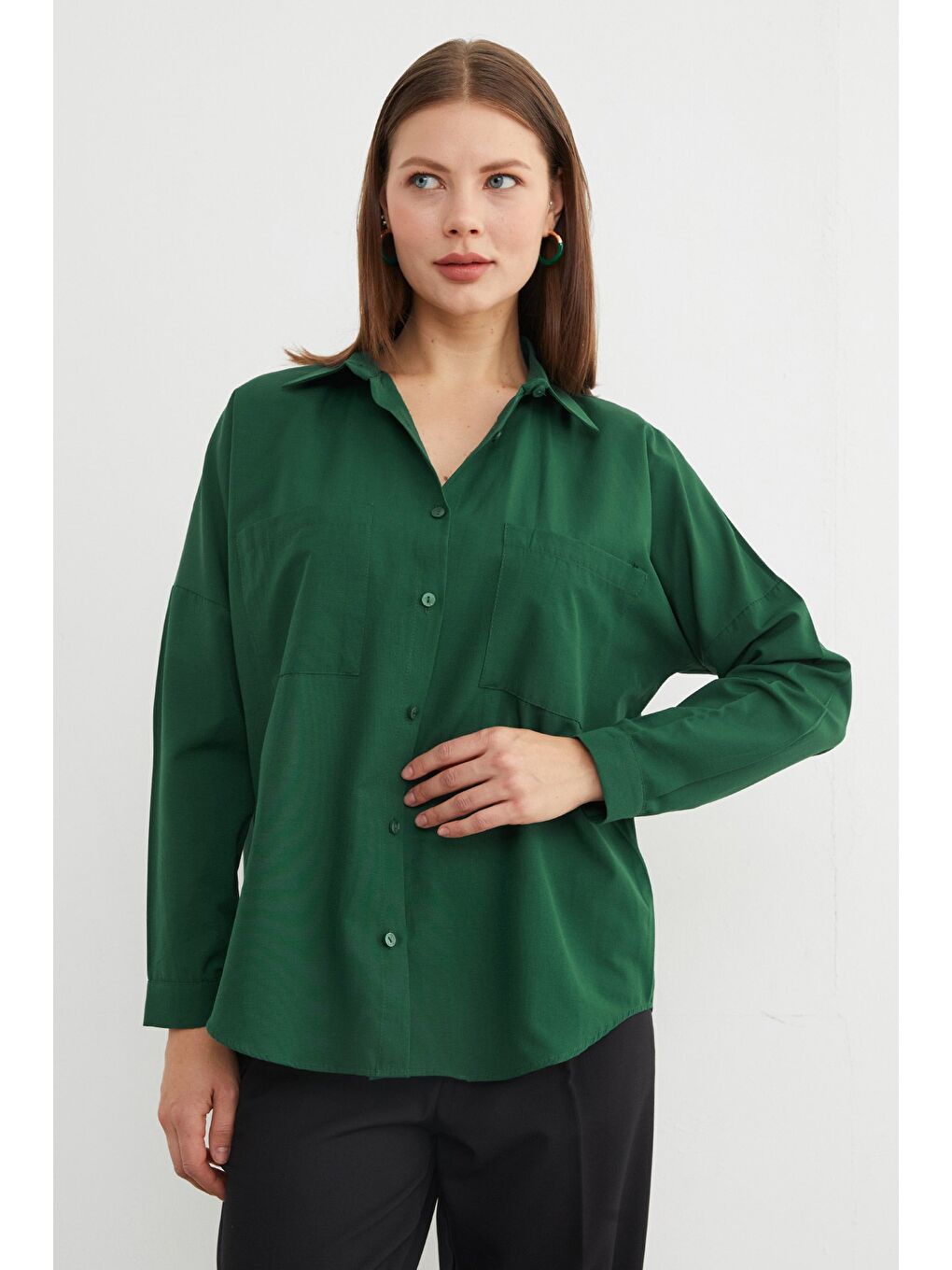 Yeşil Basic Çift Cepli Gömlek-1