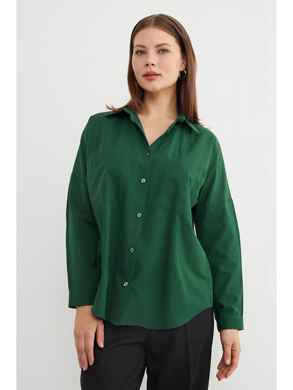 Yeşil Basic Çift Cepli Gömlek-2