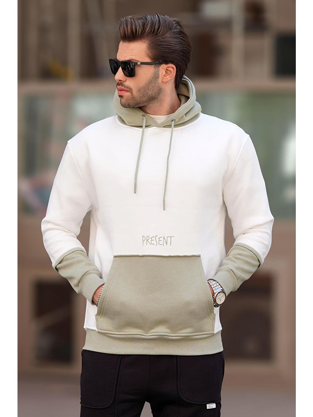 Madmext Ekru Kapüşonlu Cep Detaylı Erkek Sweatshirt 7071