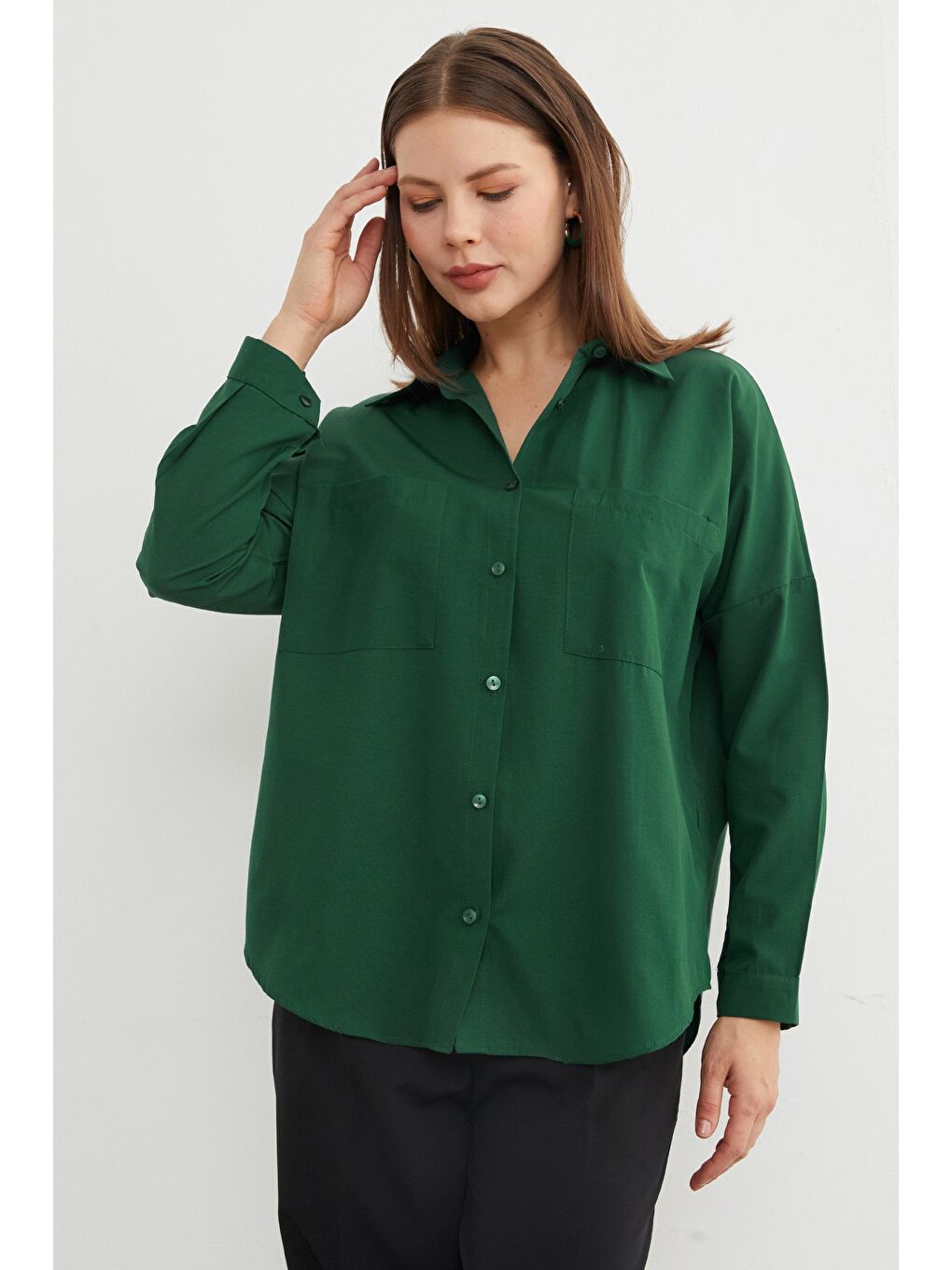 Yeşil Basic Çift Cepli Gömlek-3