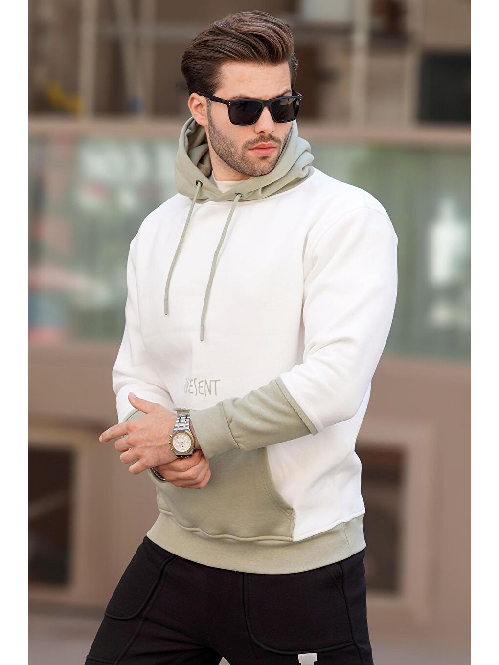 Madmext Ekru Kapüşonlu Cep Detaylı Erkek Sweatshirt 7071 - 1