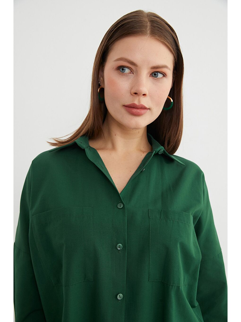 Yeşil Basic Çift Cepli Gömlek-4
