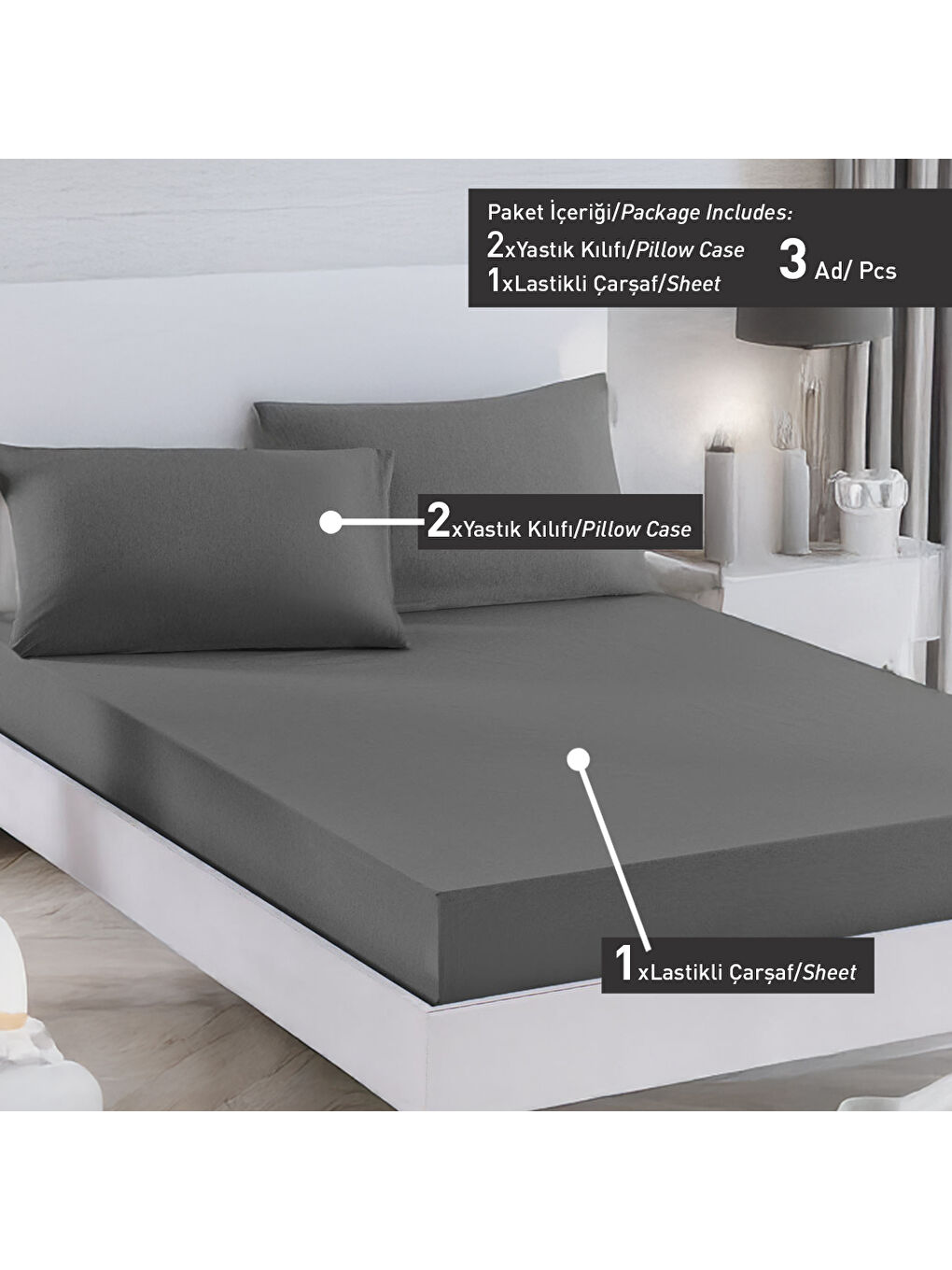 Gri Paint Lastikli Çarşaf Seti Çift Kişilik D.Boya Füme-3