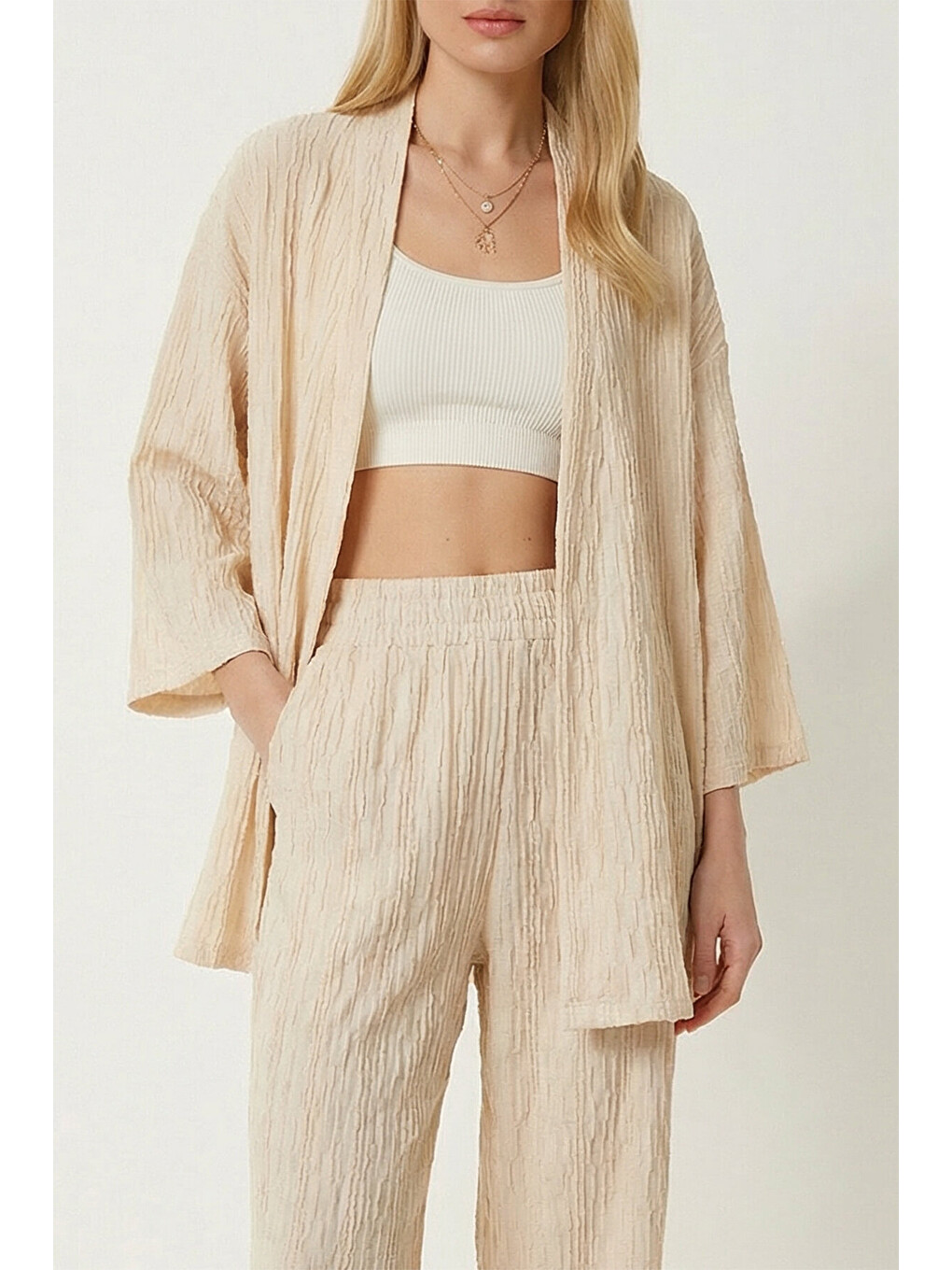 Ekru Dokulu Oversize Örme Kimono Takım KREM LBY0041-1