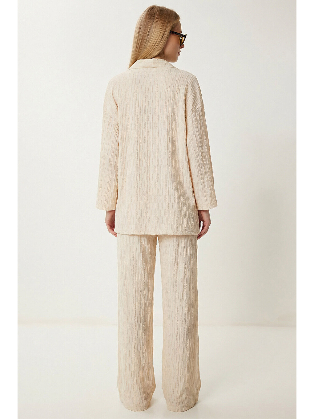 Ekru Dokulu Oversize Örme Kimono Takım KREM LBY0041-2