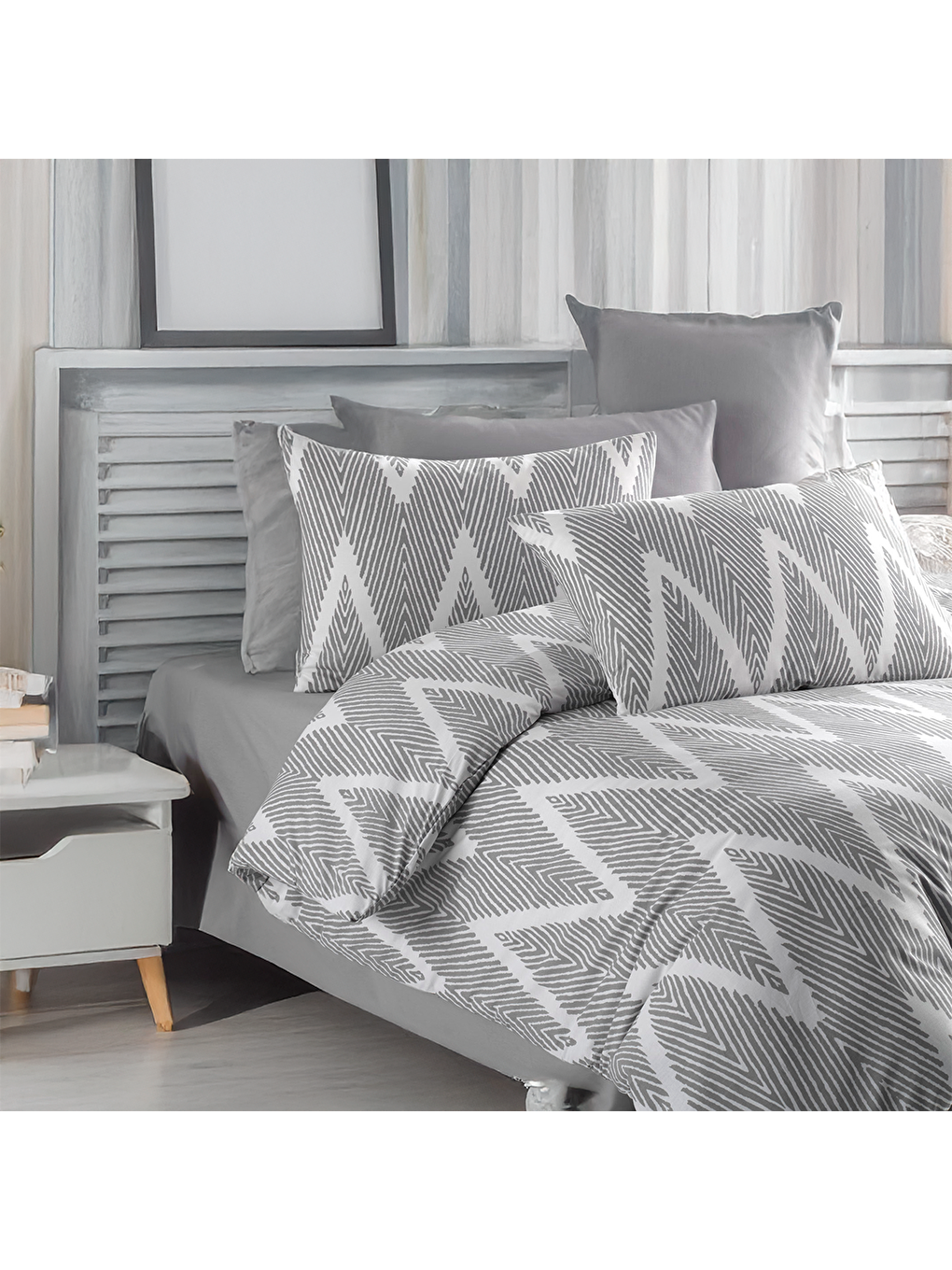 Nevresim Takımı Tek Kişilik Baskılı Olivia Kombin Gri