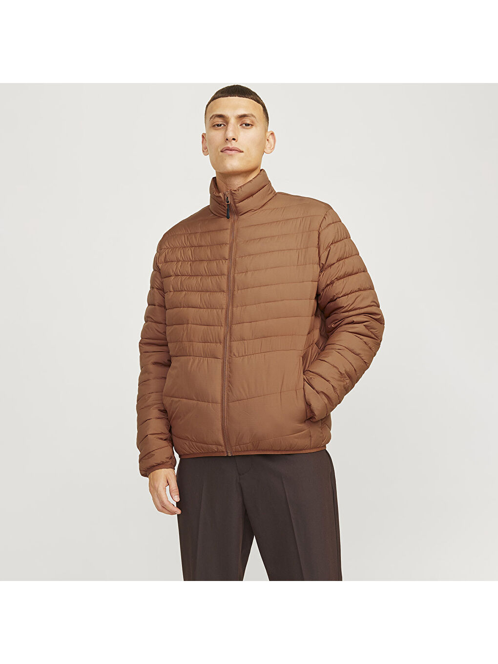 Jack & Jones State Packable Puffer Colar Erkek Kahverengi Dik Yaka Mont