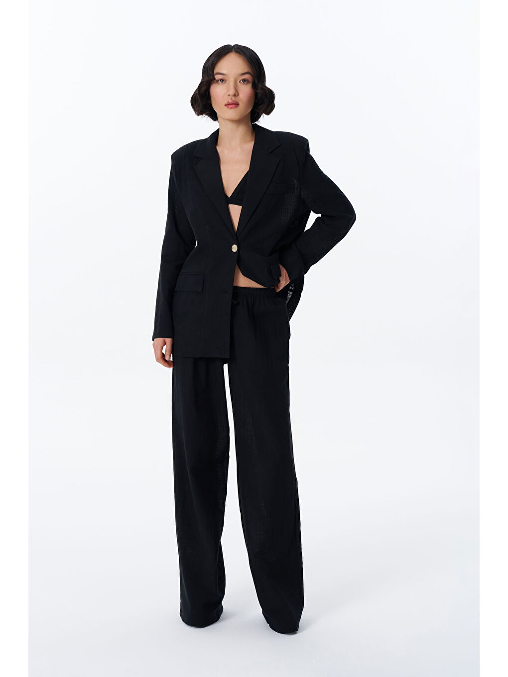 Bağcık Detaylı Beli Lastikli Bol Pantolon Siyah-2