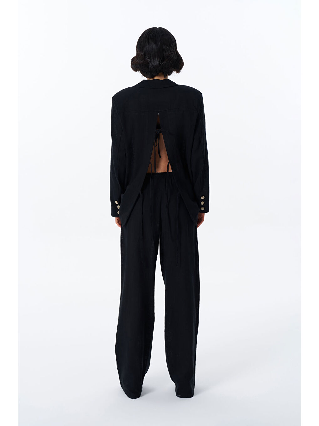 Bağcık Detaylı Beli Lastikli Bol Pantolon Siyah-4