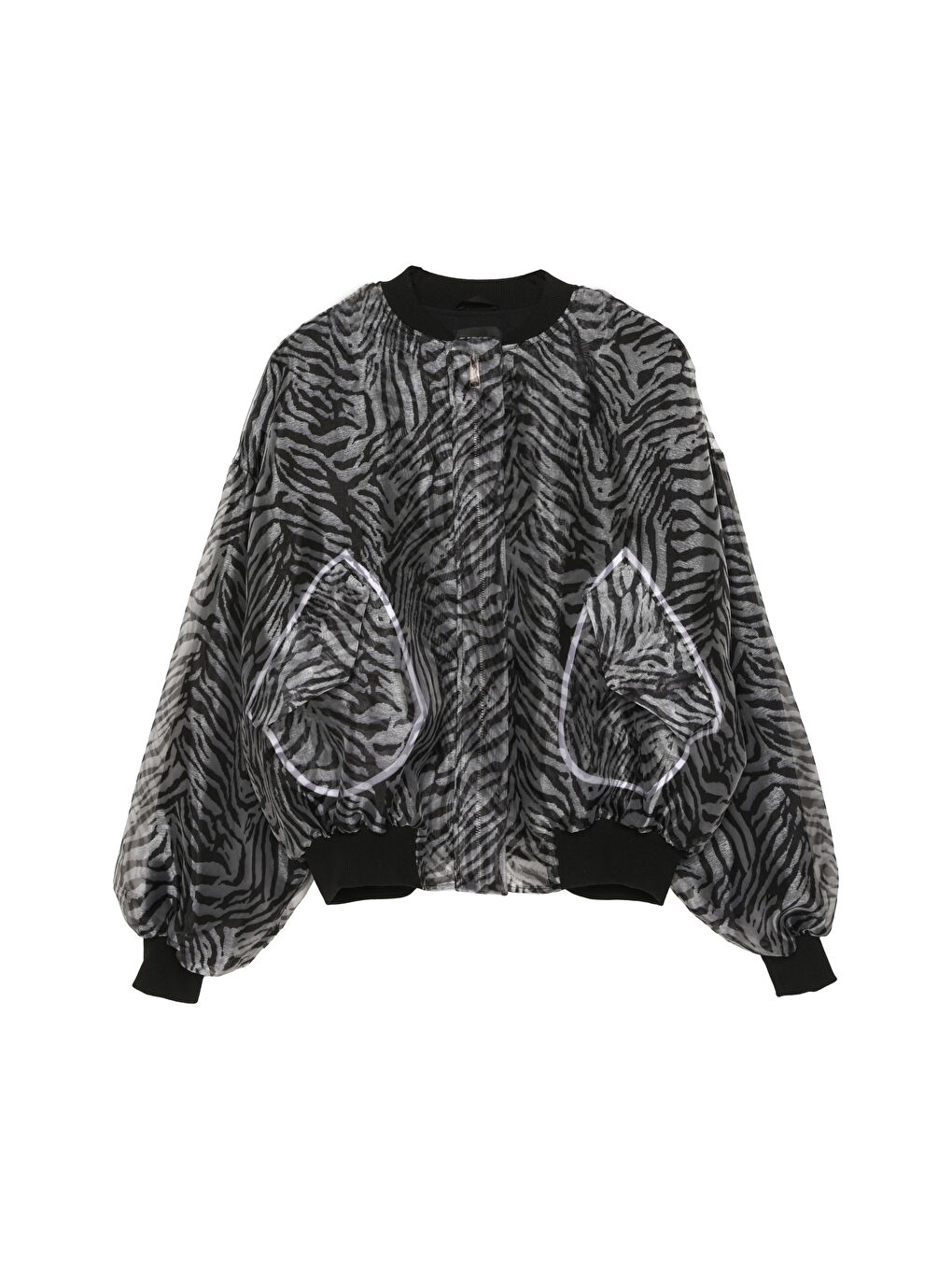 Zebra Desenli Cepli Tül Bomber Ceket Siyah