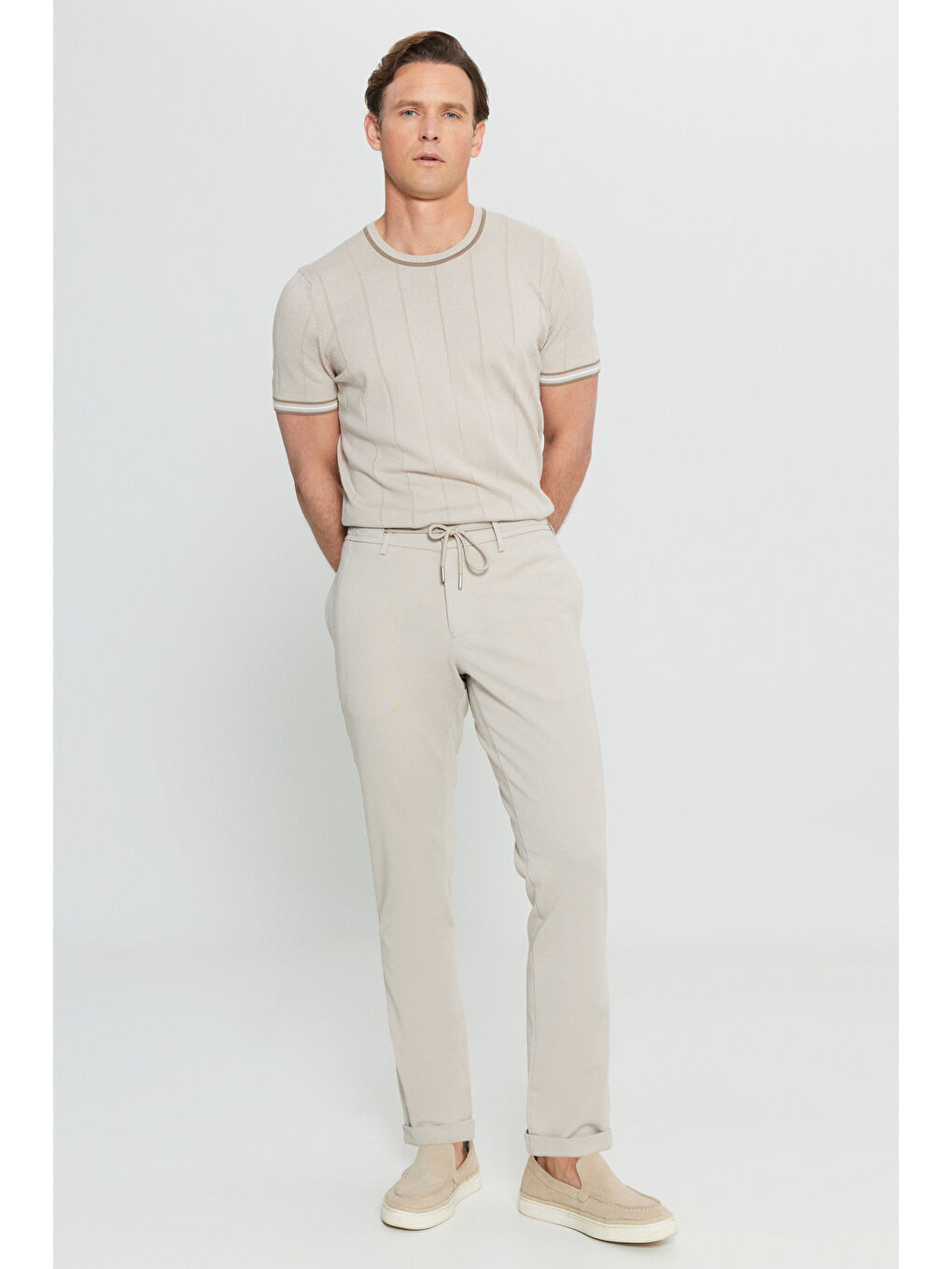 Erkek Bej Dar Kesim Beli Bağlamalı Yan Cep Esnek Casual Pantolon-2