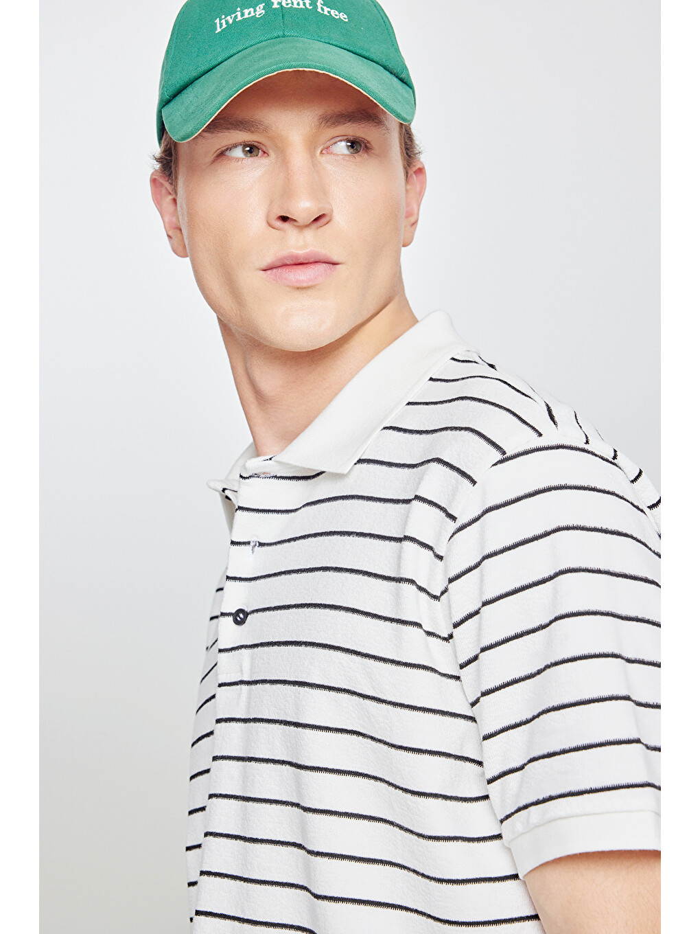 Erkek Beyaz-siyah Pamuklu Slim Fit Dar Kesim Polo Yaka Çizgili Tişört-3
