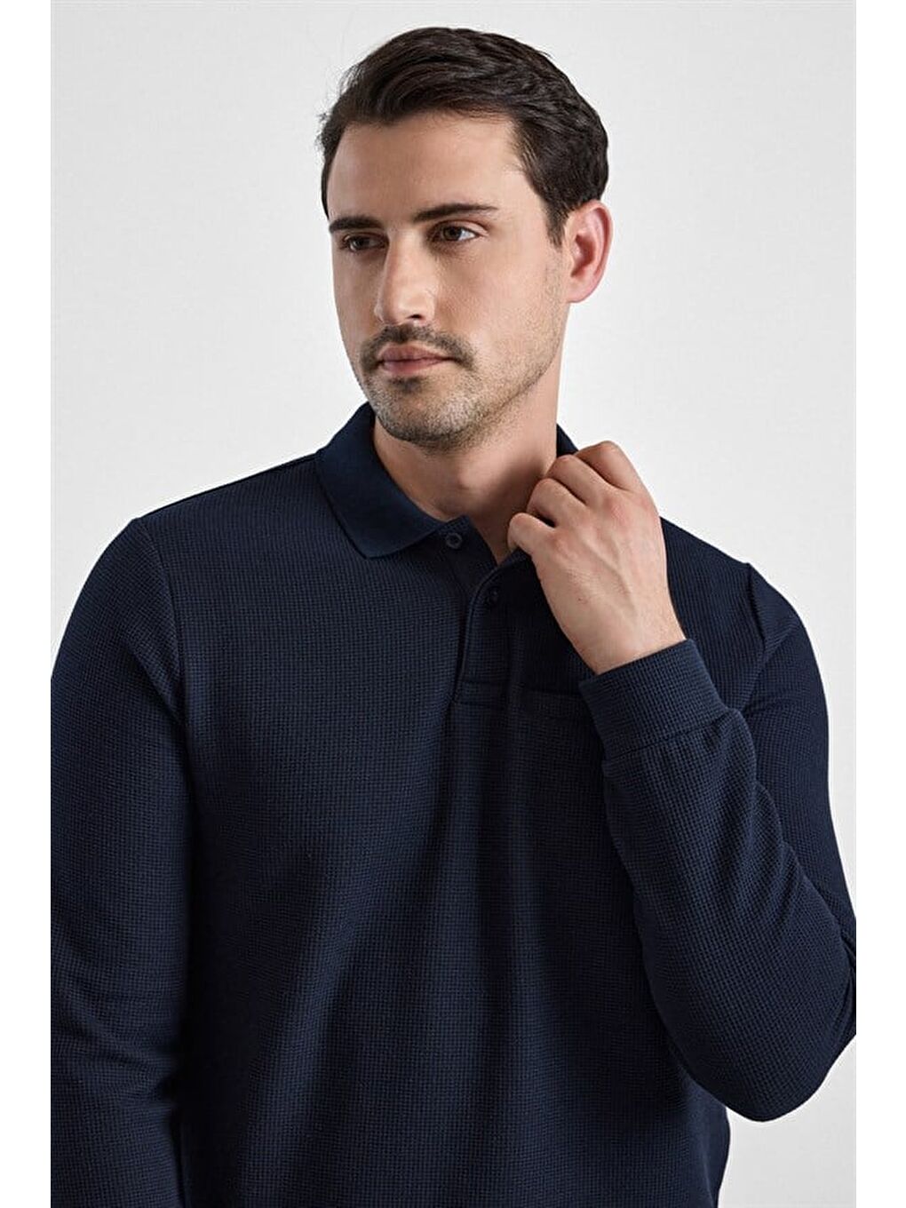 Lacivert Regular Düz Baskısız Selanik Düğmeli Polo Yaka Torba Cep Trikolu Standart Sweatshirt-1