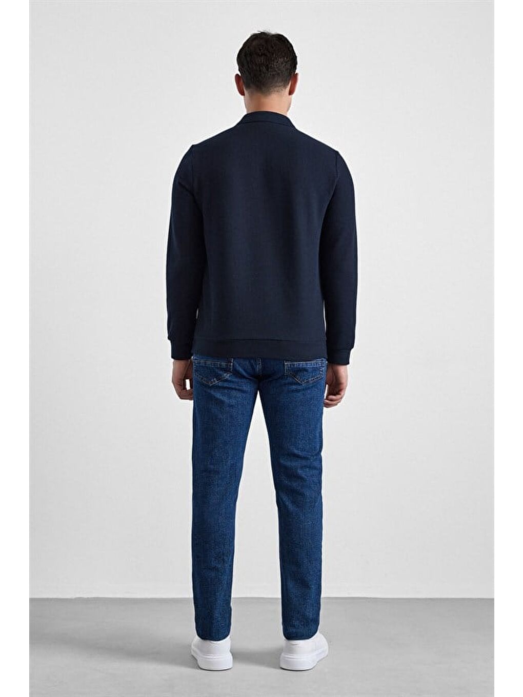 Lacivert Regular Düz Baskısız Selanik Düğmeli Polo Yaka Torba Cep Trikolu Standart Sweatshirt-2